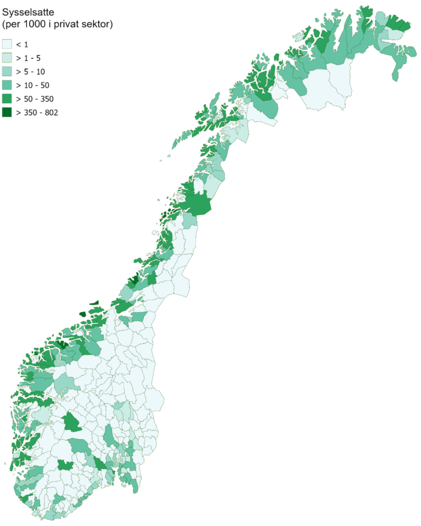 Bildet viser norgeskartet og viser med farger hvor i landet leverandørnæringen til sjømatnæringen er representert. 